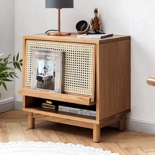 Wooden Nightstand with Storage, Rattan Bedside Table