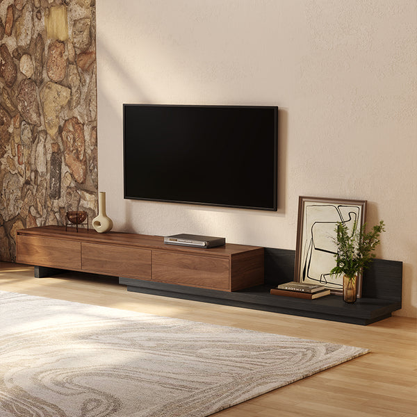 Walnut Retracted TV Console With 3 Drawers, Extendable Media Console For 75 Inch TV