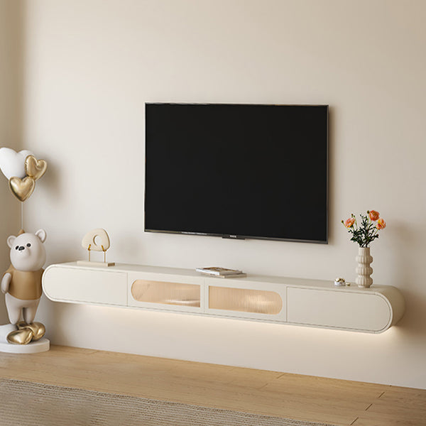 Modern White Floating TV Stand With Drawers, Tempered Glass Door