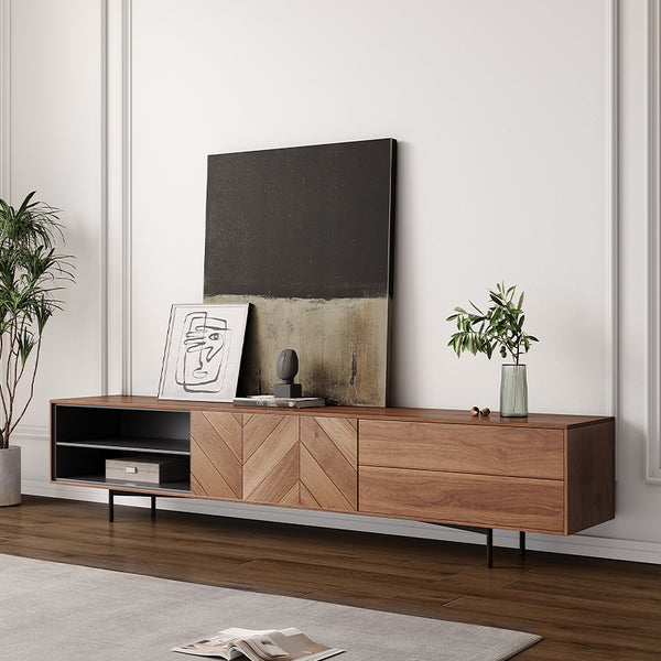Minimalist Wood TV Cabinet with Drawers, Open Storage