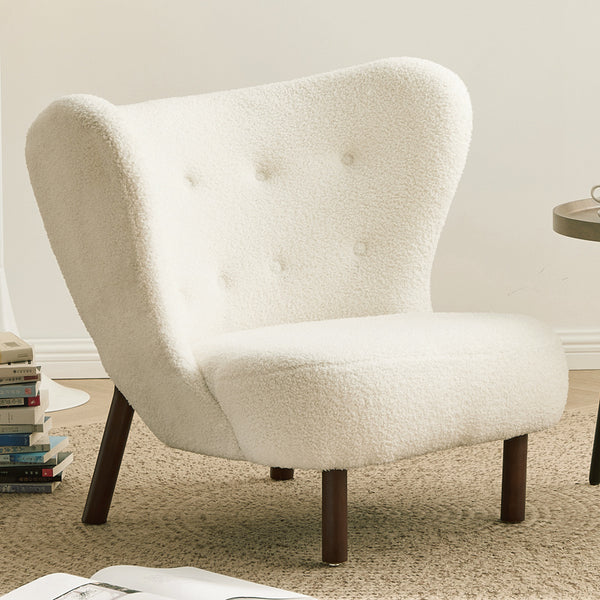 White Lamb Wool Accent Chair in Wooden Frame