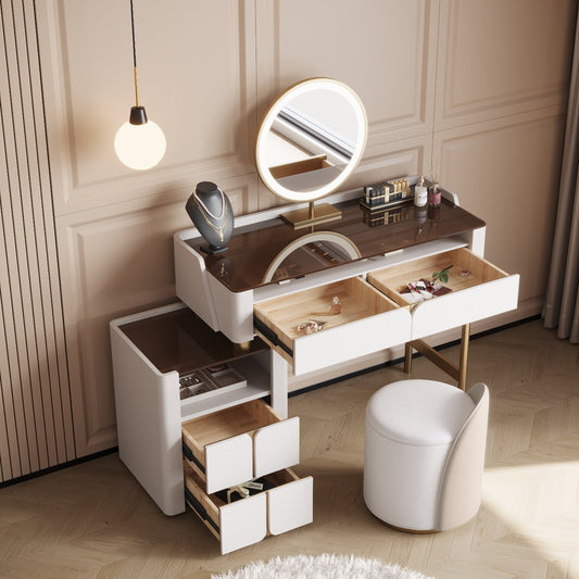 Glass Top Makeup Vanity, Desk with Lighted Mirror and Drawers