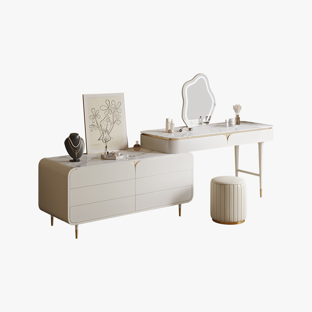 White Dressing Table With Mirror, 8 Drawers, Leather Stool, Makeup Vanity Set
